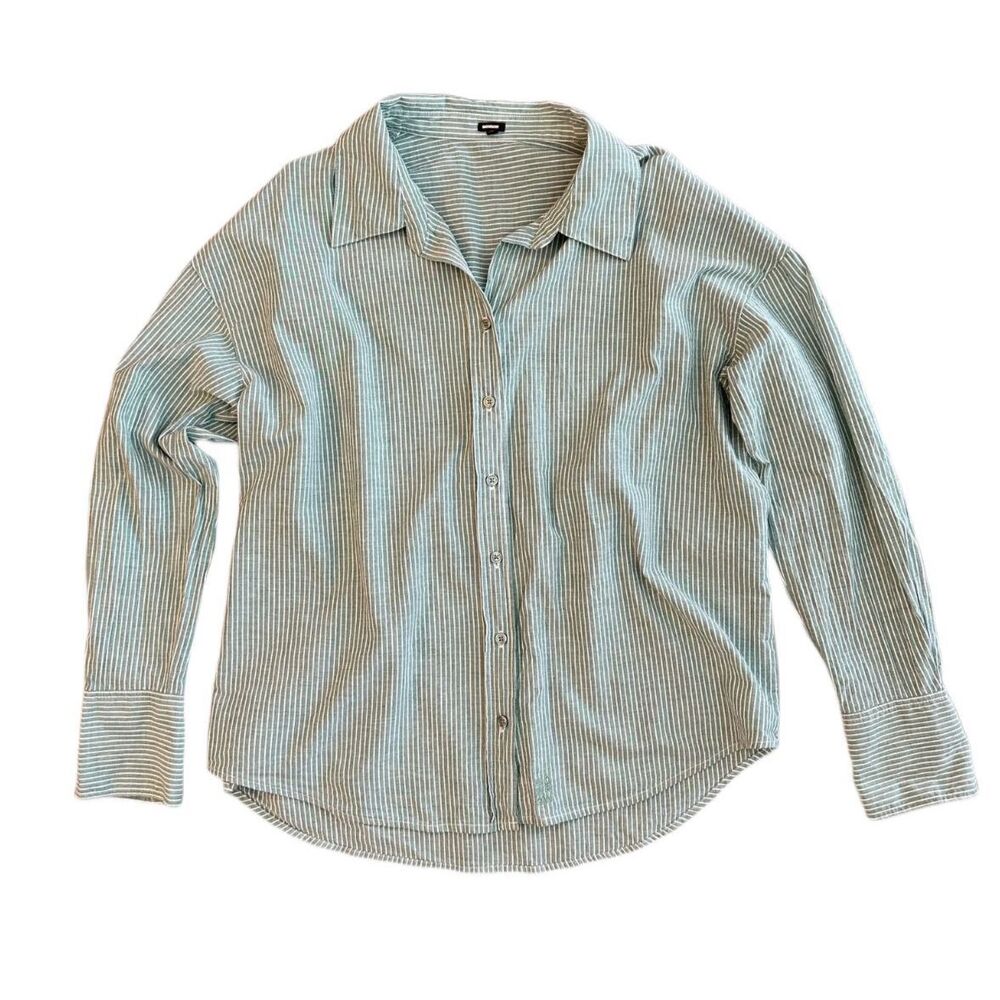 Monrow Poplin Oversized Shirt Striped Cactus Green Large - Picture 3 of 8